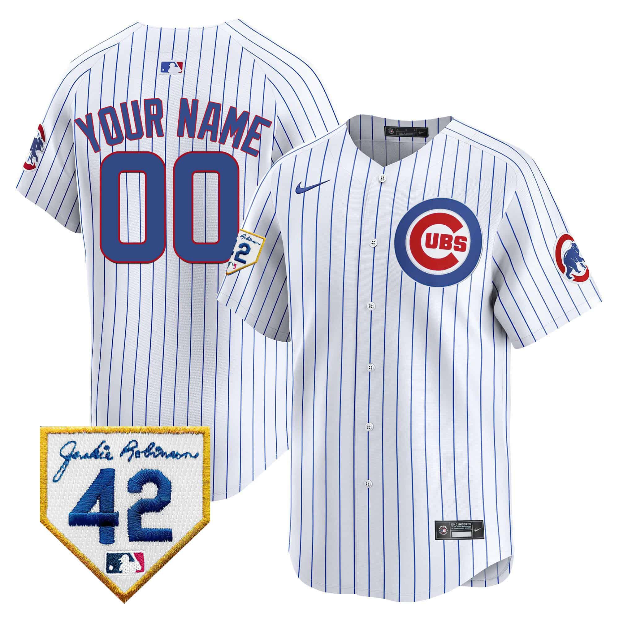 Men Chicago Cubs White Stripe Nike 2024 Jackie Robinson Patch Vapor Premier Limited Custom MLB Jersey->->